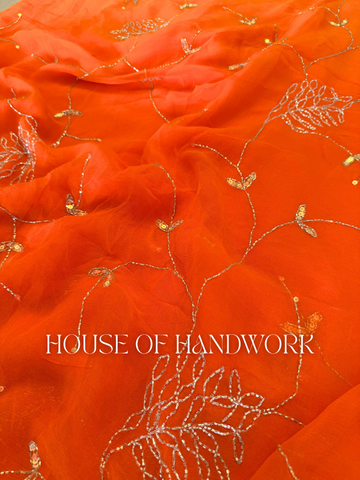 Saffron Spark Handwork Chiffon Saree