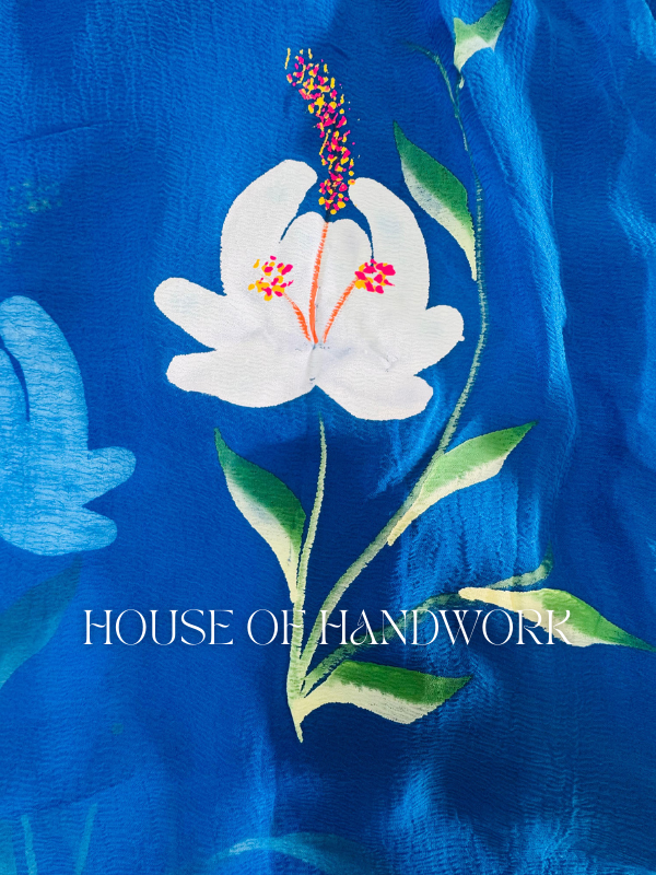 Azure Lily Hand Painted Chiffon Saree