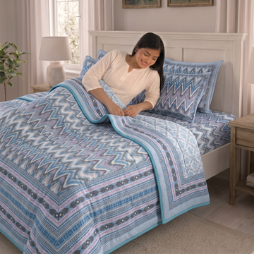 Blue Geometric Pratham 4 Pieces Double Bed Dohar Set