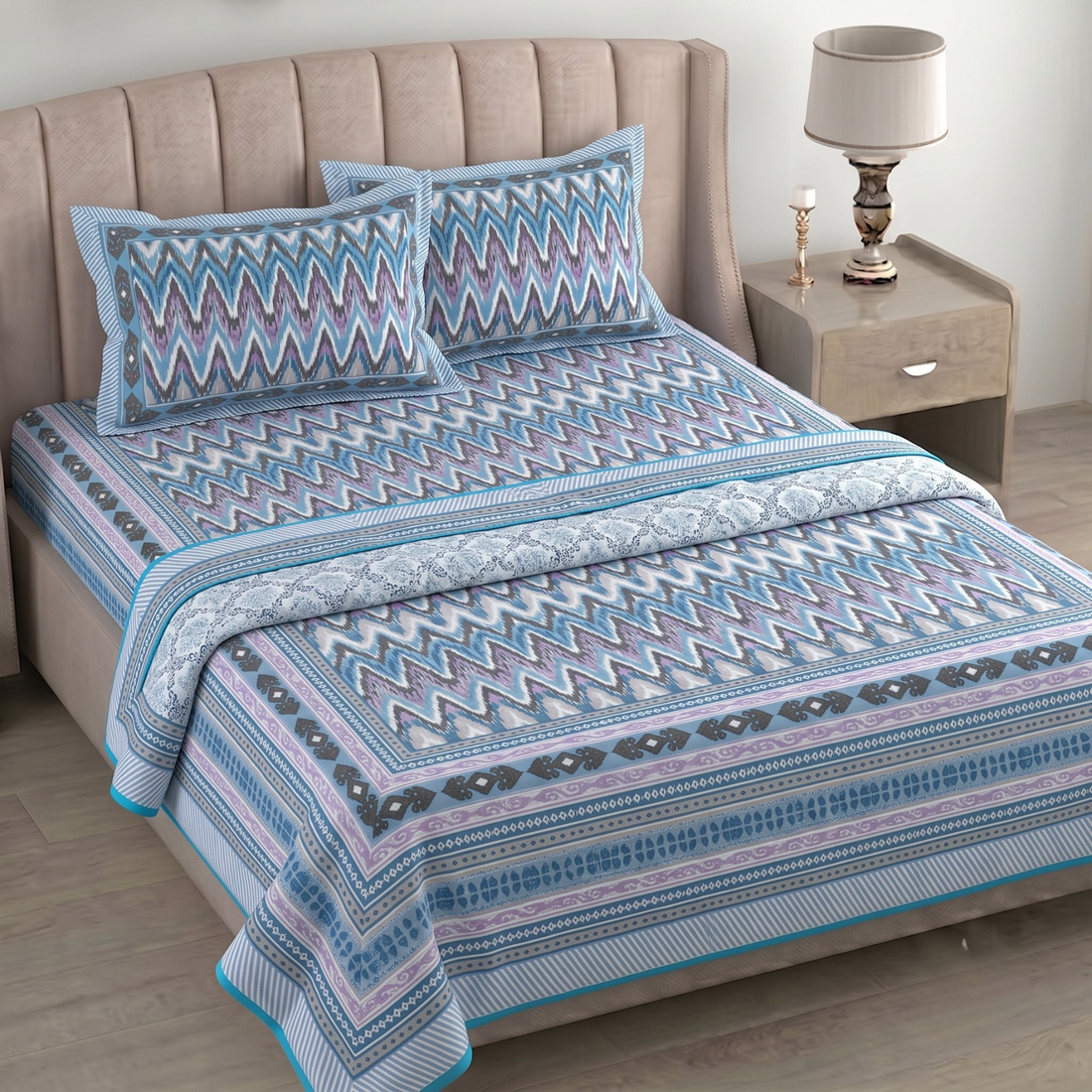 Blue Geometric Pratham 4 Pieces Double Bed Dohar Set