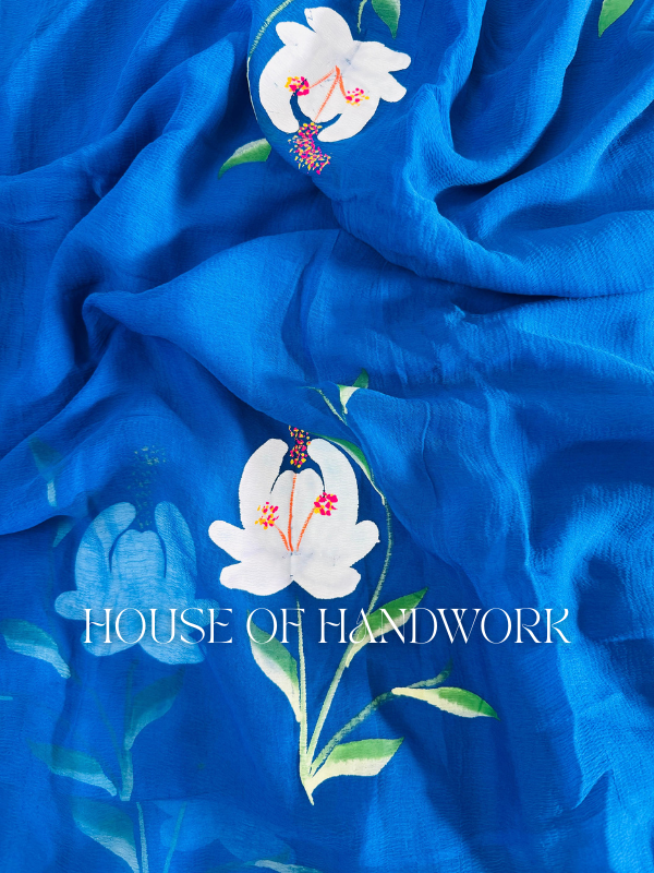 Azure Lily Hand Painted Chiffon Saree