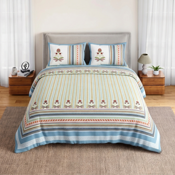 Yellow & Blue Geometric Jumbo Size Cotton Bedsheet with 2 Pillow Covers