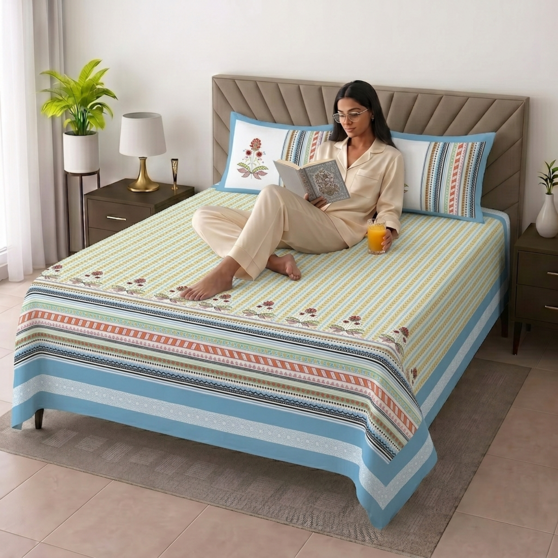 Yellow & Blue Geometric Jumbo Size Cotton Bedsheet with 2 Pillow Covers
