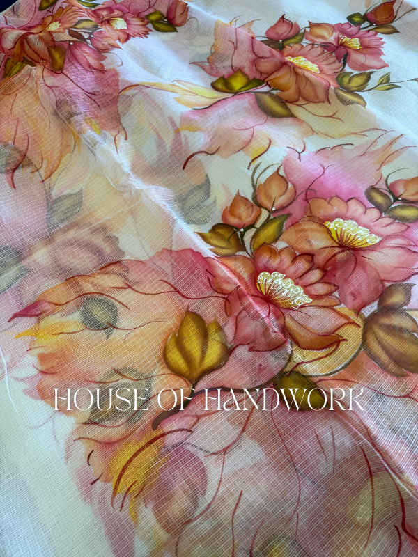 Blush Lotus Hand Painted Kota Doria Saree