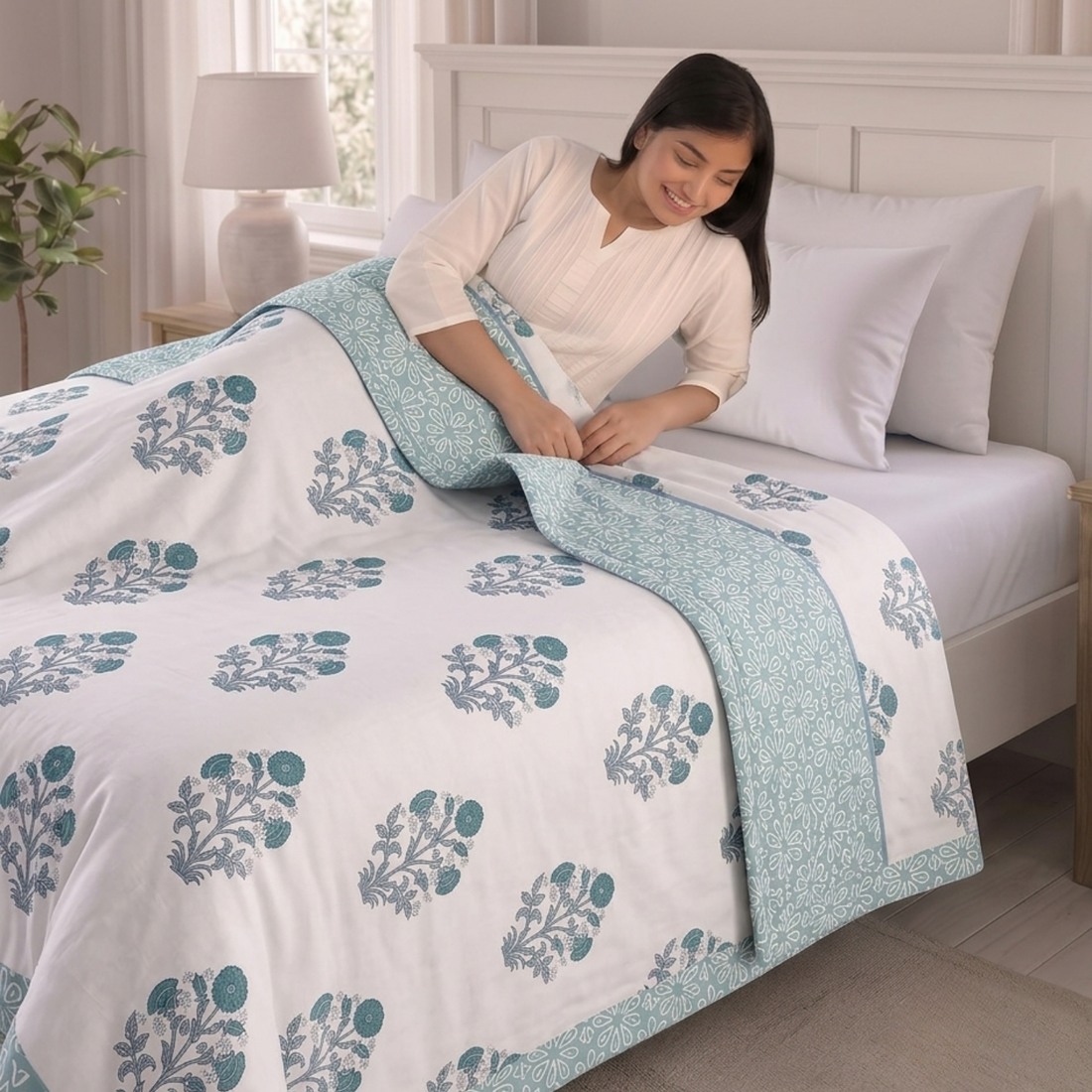 Green Floral Hawa Mahal Double Bed Reversible Cotton Dohar