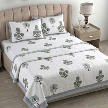 White & Green Floral Pratham 4 Pieces Double Bed Dohar Set