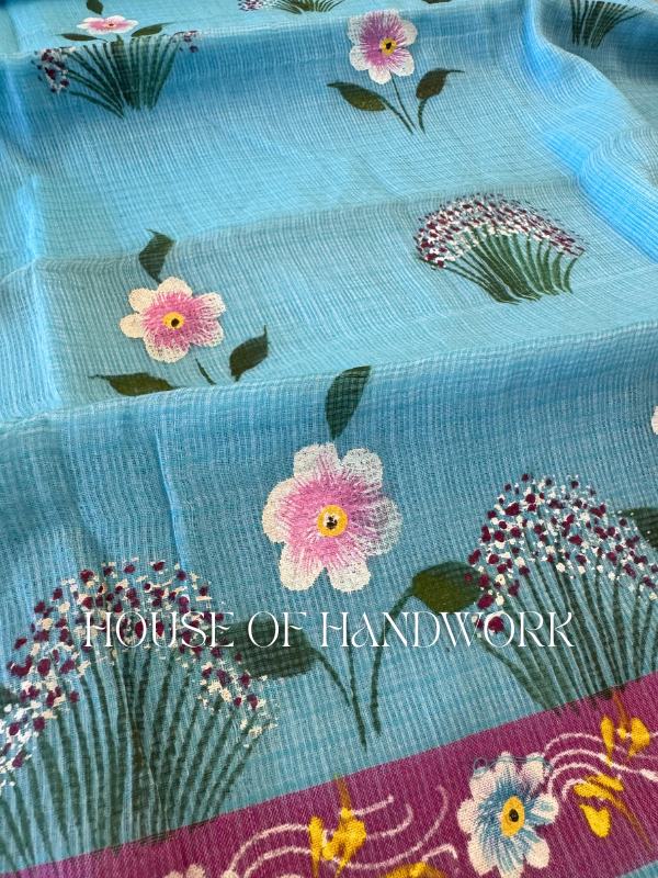 Sky Bloom Hand Painted Kota Doria Saree