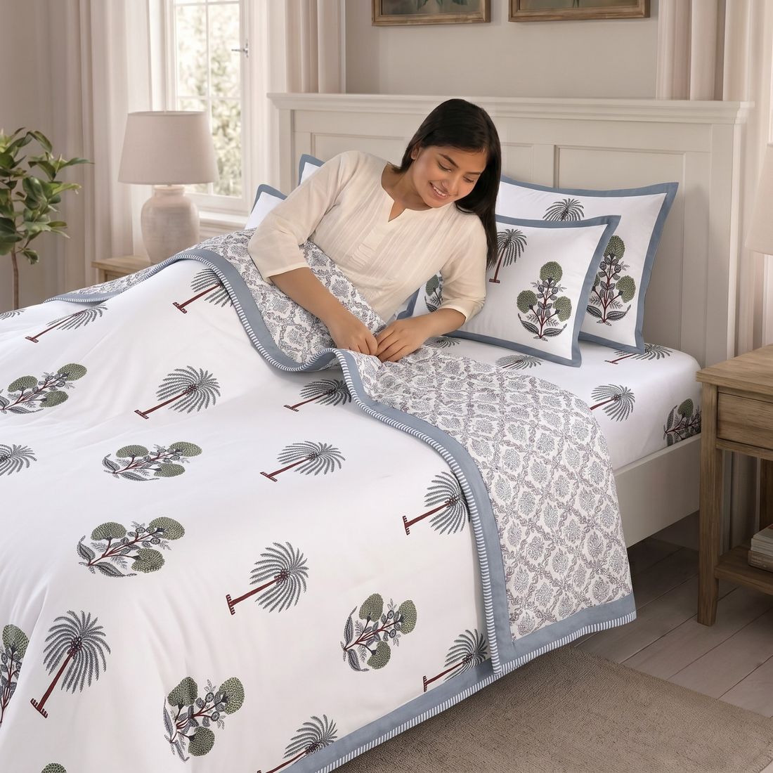 White & Green Floral Pratham 4 Pieces Double Bed Dohar Set