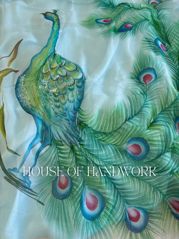 Feathers of Grace Hand Painted Chiffon Saree