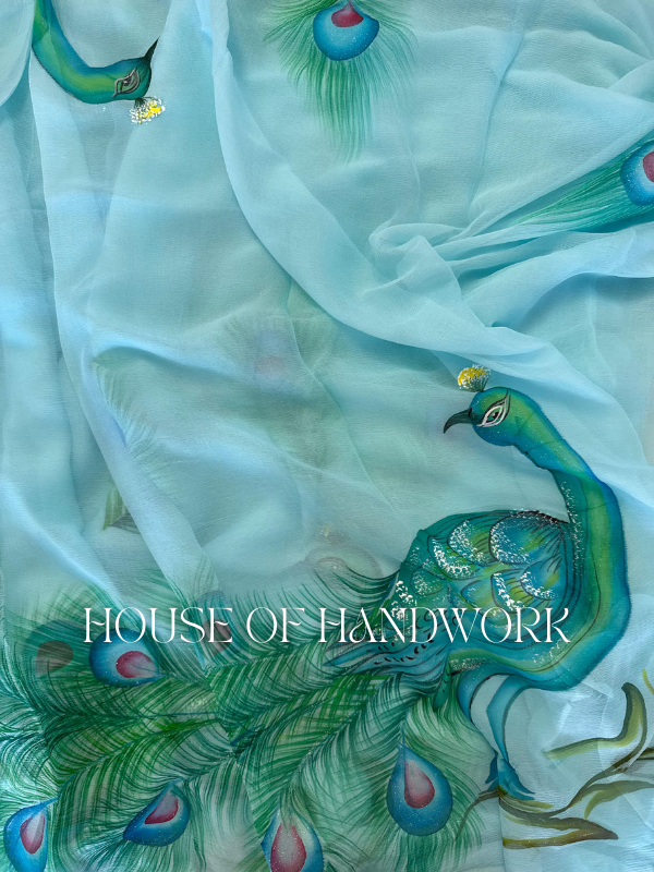 Feathers of Grace Hand Painted Chiffon Saree