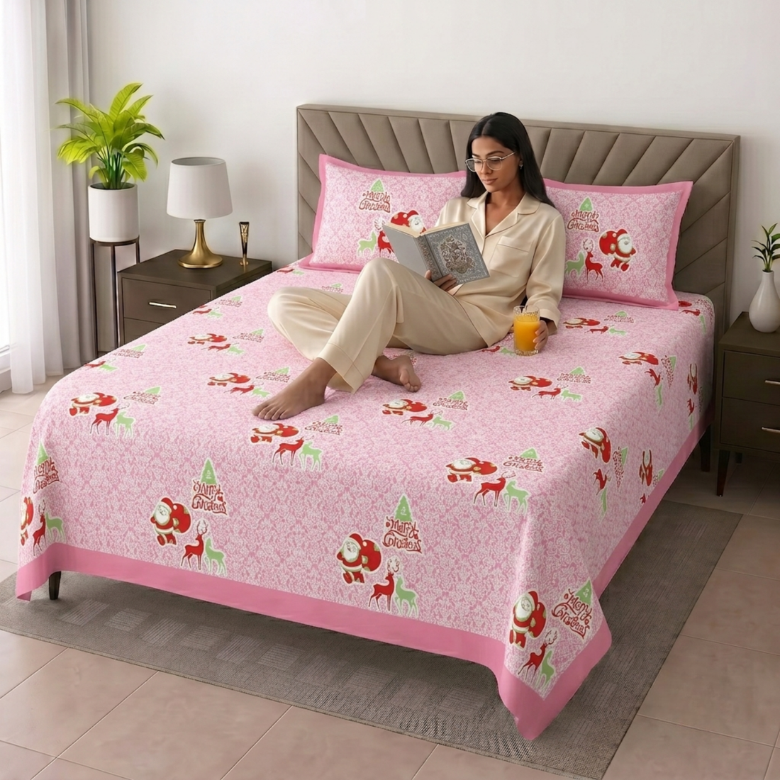 Pink Geometric Jumbo Size Cotton Bedsheet with 2 Pillow Covers