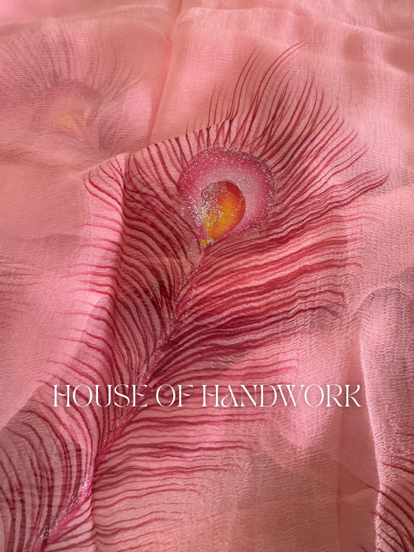 Rose Glow Peacock Hand Painted Saree