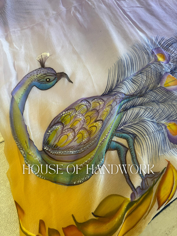 Twilight Glow Peacock Hand Painted Saree