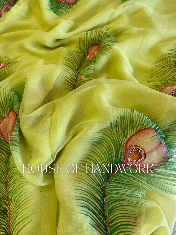 Lime Radiance Peacock Hand Painted Saree