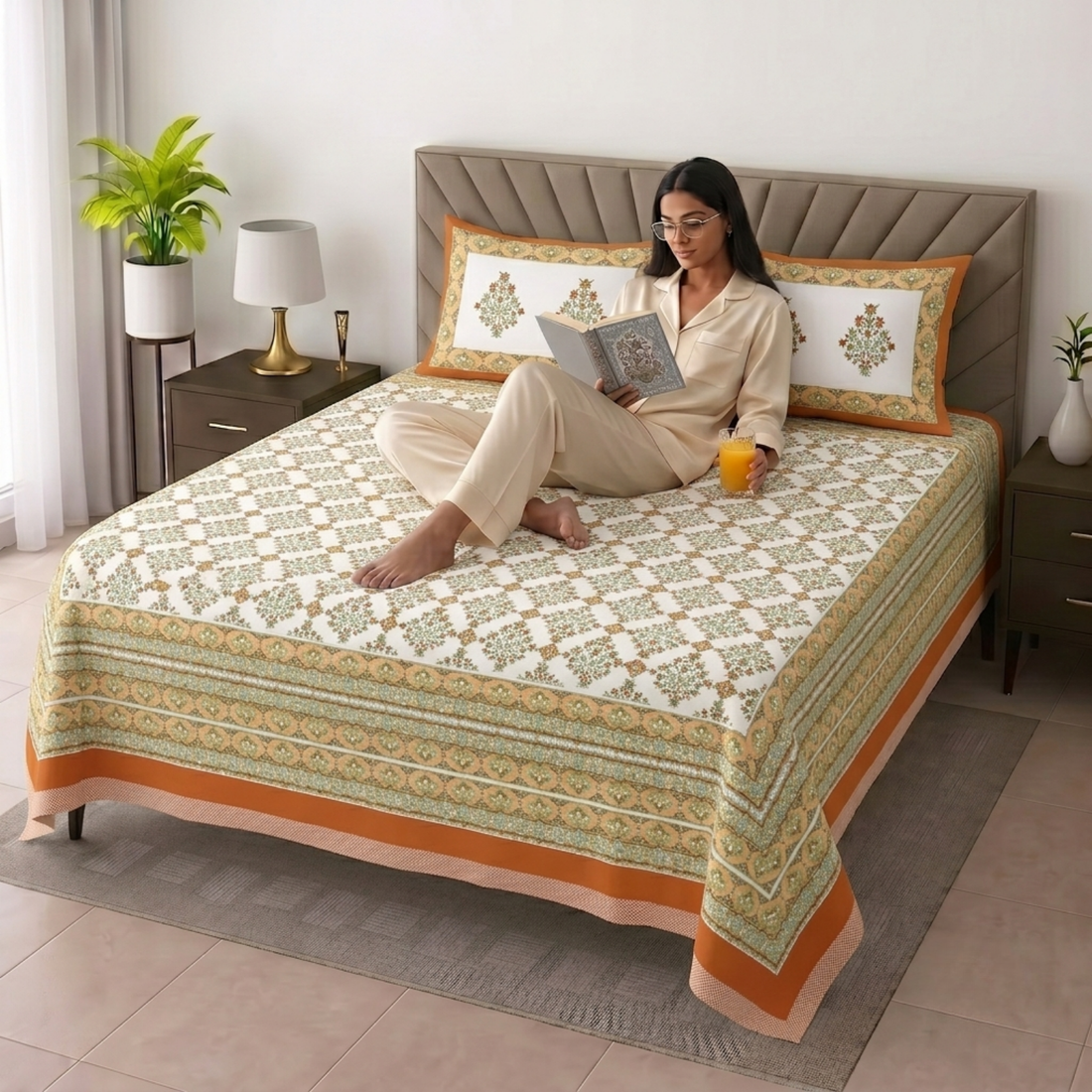 Tan Geometric Jumbo Size Cotton Bedsheet with 2 Pillow Covers