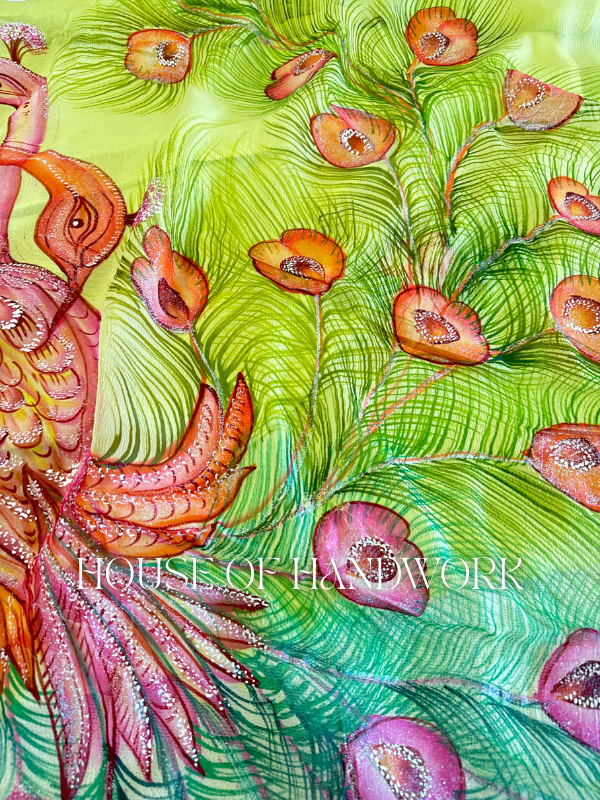 Lime Radiance Peacock Hand Painted Saree