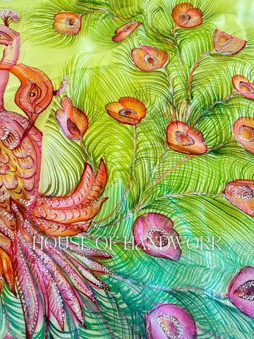 Lime Radiance Peacock Hand Painted Saree