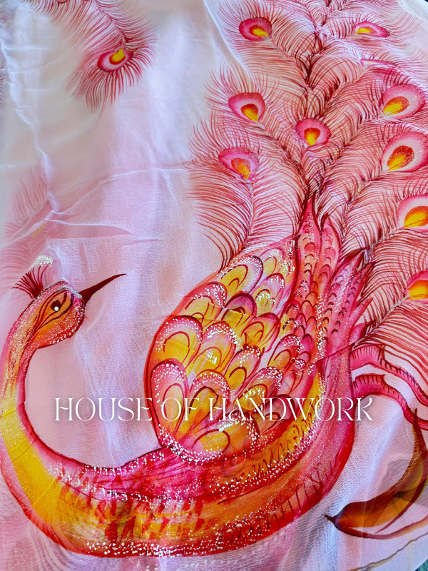 Rose Glow Peacock Hand Painted Saree