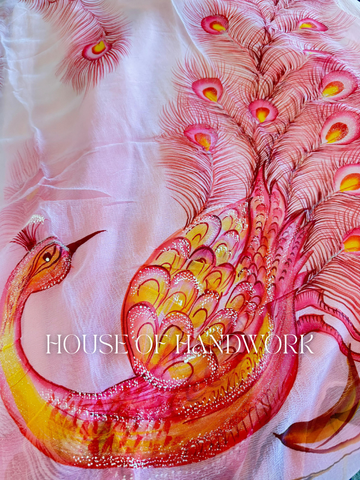 Rose Glow Peacock Hand Painted Saree
