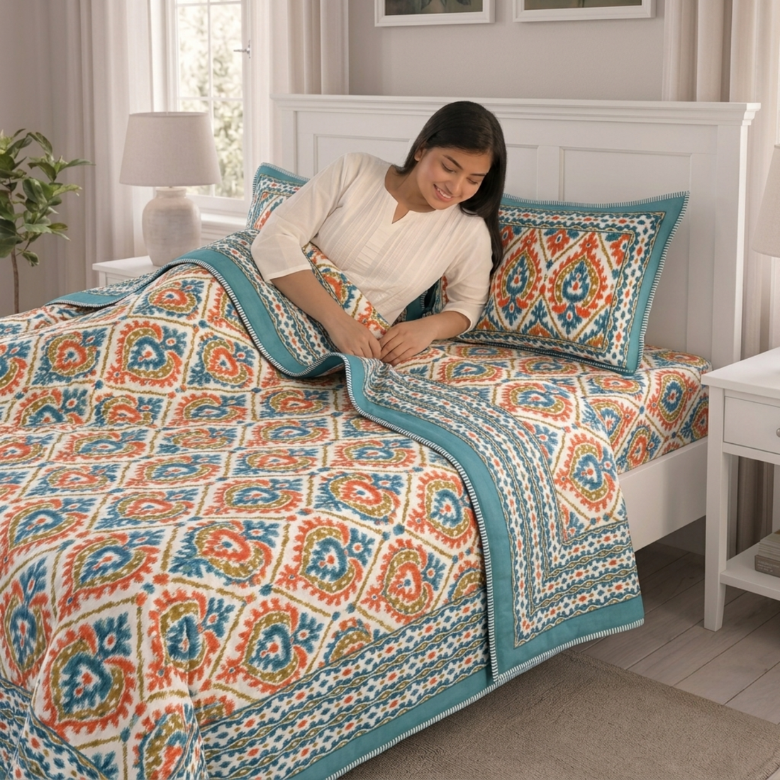 Orange & Sea Green Printed Pratham 4 Pieces Double Bed Dohar Set