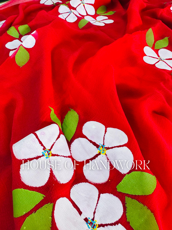Scarlet Blossom Hand Painted Chiffon Saree