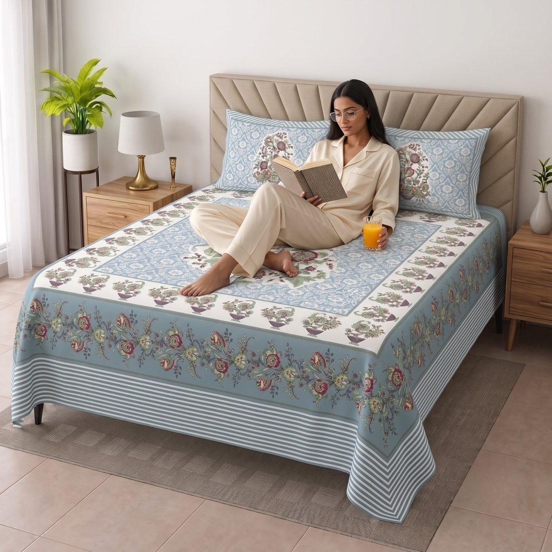 Blue Floral Jumbo Size Cotton Bedsheet with 2 Pillow Covers