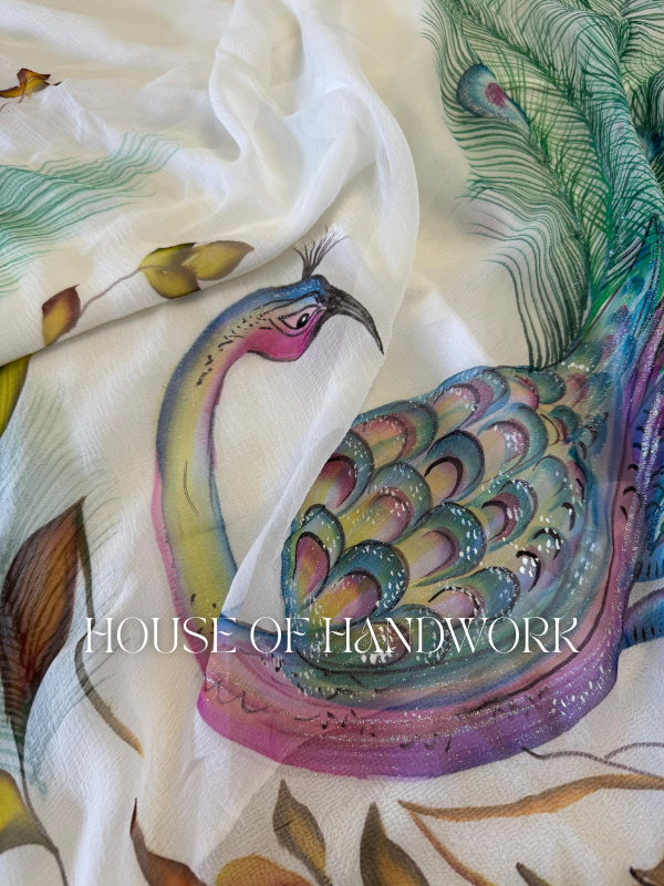 Ethereal Grace Peacock Hand Painted Saree