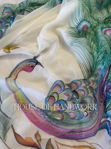 Ethereal Grace Peacock Hand Painted Saree
