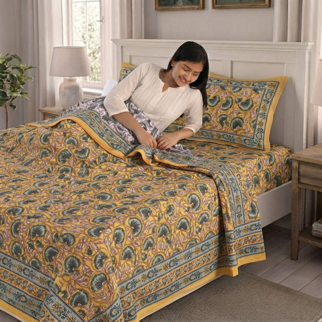 Mustard Floral Pratham 4 Pieces Double Bed Dohar Set