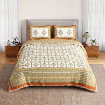 Tan Geometric Jumbo Size Cotton Bedsheet with 2 Pillow Covers