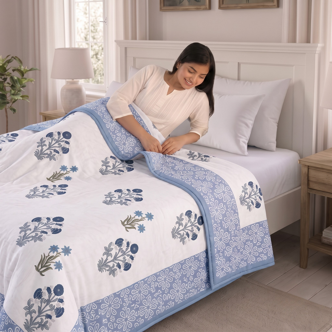 Blue Floral Hawa Mahal Double Bed Reversible Cotton Dohar