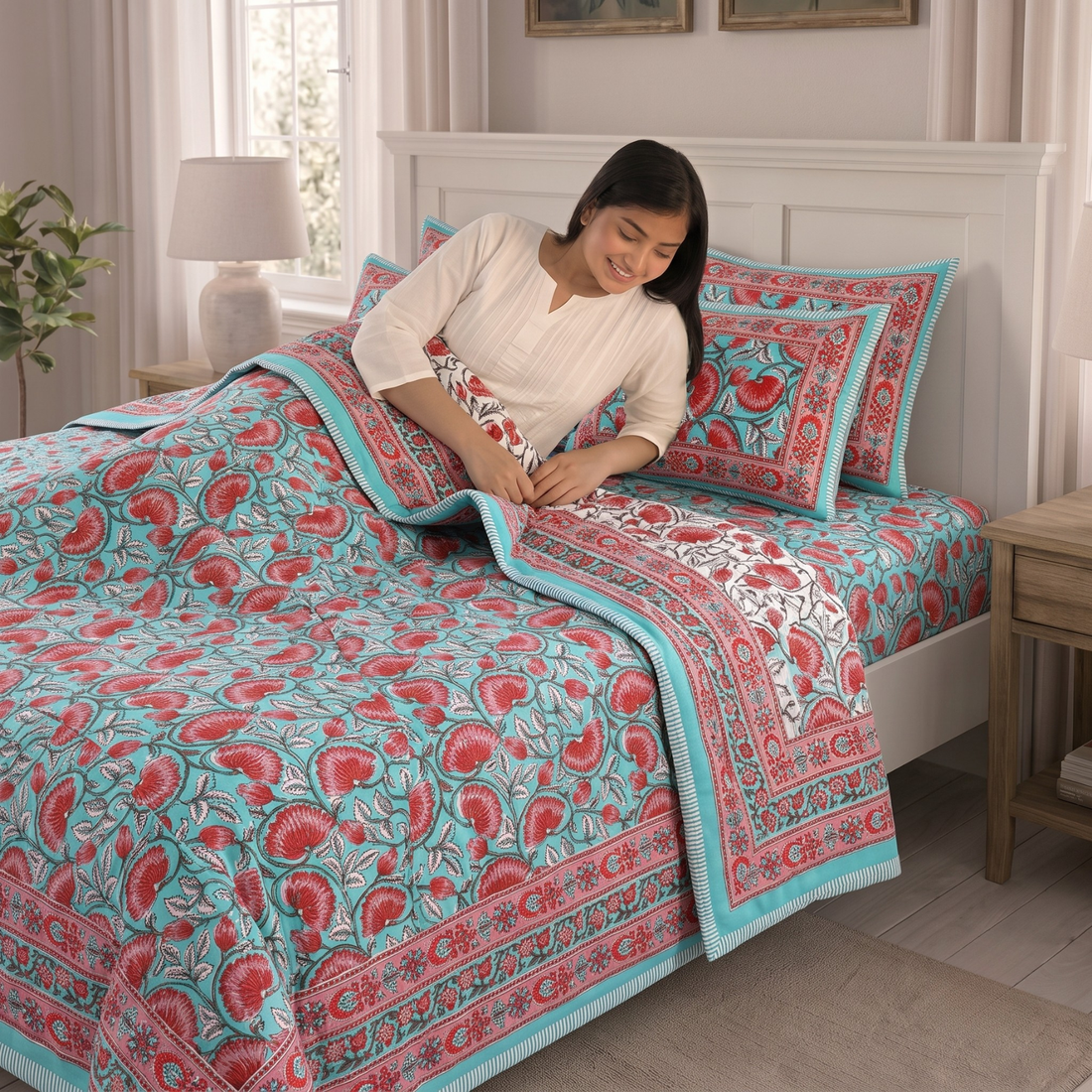Sky Blue & Red Floral Pratham 4 Pieces Double Bed Dohar Set