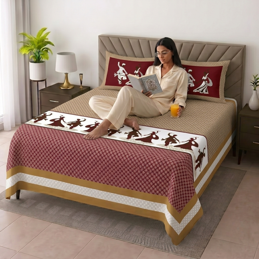 Maroon Geometric Jumbo Size Cotton Bedsheet with 2 Pillow Covers