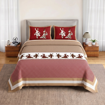 Maroon Geometric Jumbo Size Cotton Bedsheet with 2 Pillow Covers
