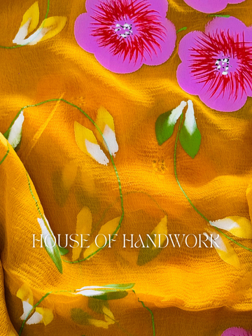 Golden Blossom Hand Painted Chiffon Saree
