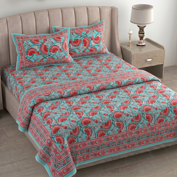 Sky Blue & Red Floral Pratham 4 Pieces Double Bed Dohar Set