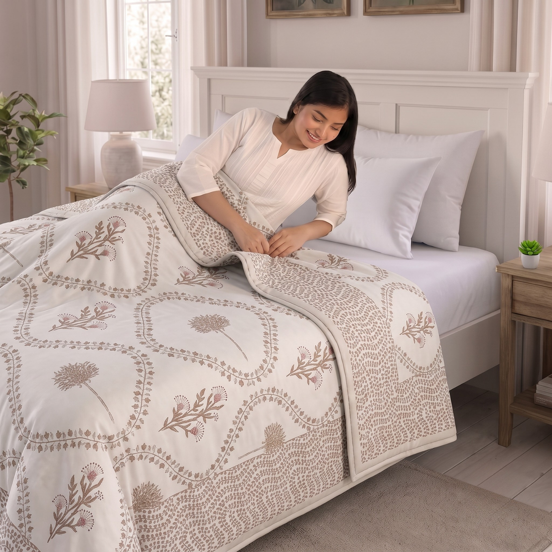 Brown Leaves Hawa Mahal Double Bed Reversible Cotton Dohar