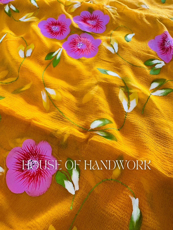 Golden Blossom Hand Painted Chiffon Saree