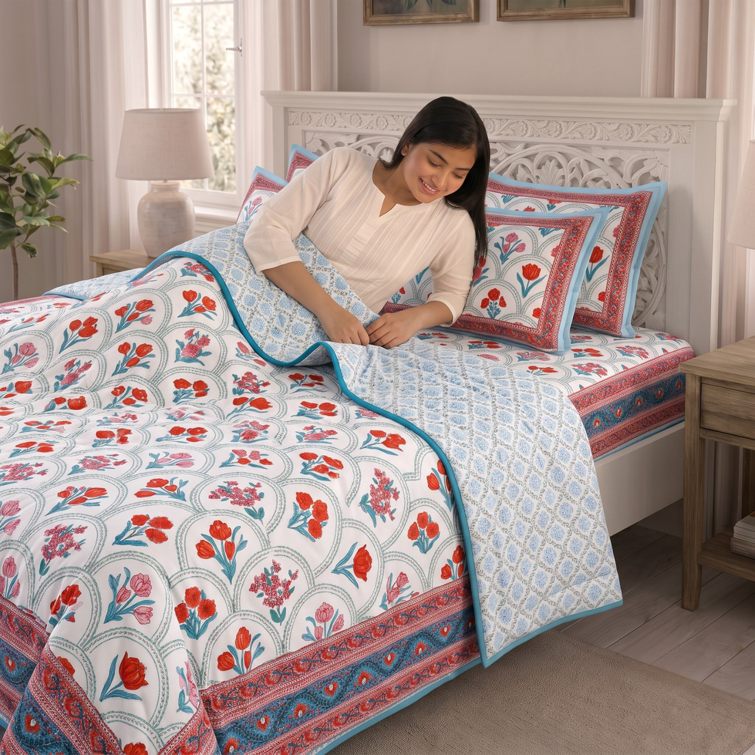 White & Orange Floral Pratham 4 Pieces Double Bed Dohar Set
