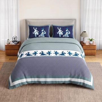Navy Geometric Jumbo Size Cotton Bedsheet with 2 Pillow Covers