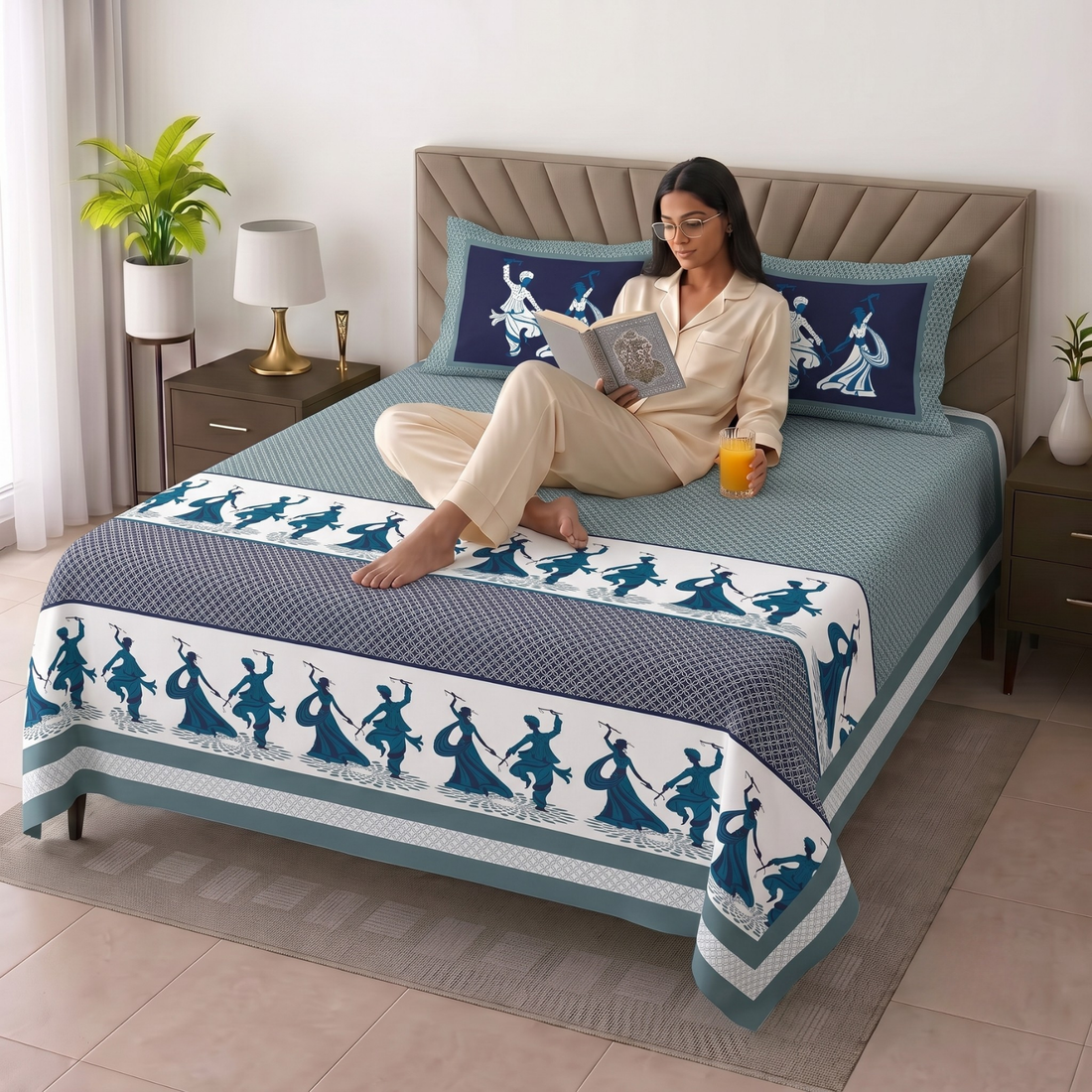 Navy Geometric Jumbo Size Cotton Bedsheet with 2 Pillow Covers