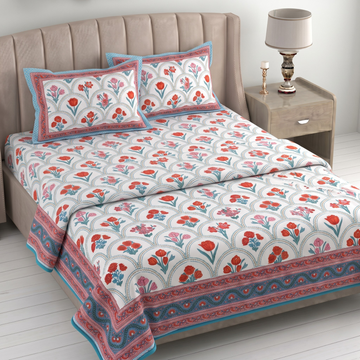 White & Orange Floral Pratham 4 Pieces Double Bed Dohar Set