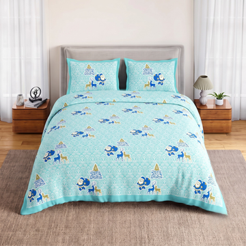 Blue Geometric Jumbo Size Cotton Bedsheet with 2 Pillow Covers
