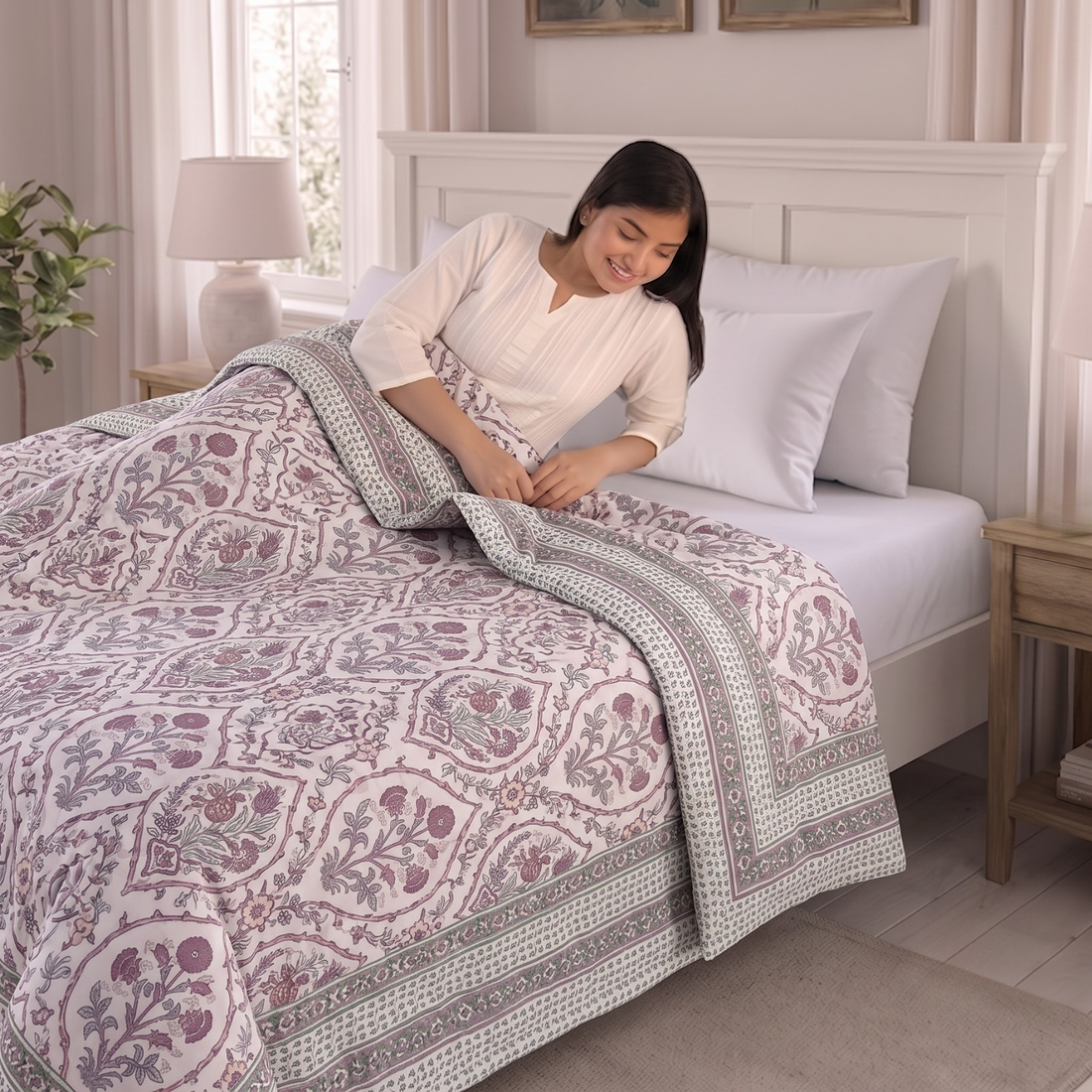 Pink Floral Hawa Mahal Double Bed Reversible Cotton Dohar