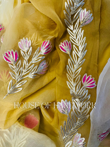 Golden Petals Gota Work Embroidered Chiffon Saree