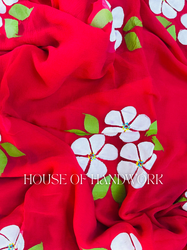 Scarlet Blossom Hand Painted Chiffon Saree