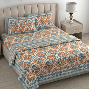 Orange & Sea Green Printed Pratham 4 Pieces Double Bed Dohar Set