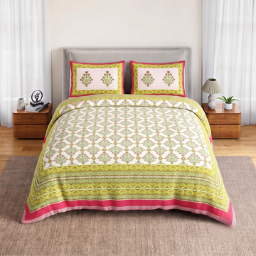 Yellowish Green Floral Jumbo Size Cotton Bedsheet with 2 Pillow Covers