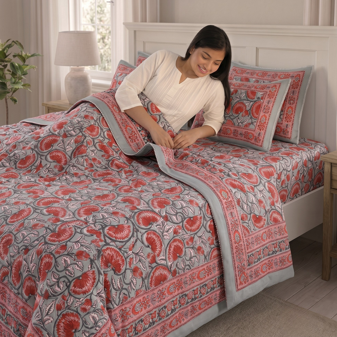 Red Floral Pratham 4 Pieces Double Bed Dohar Set