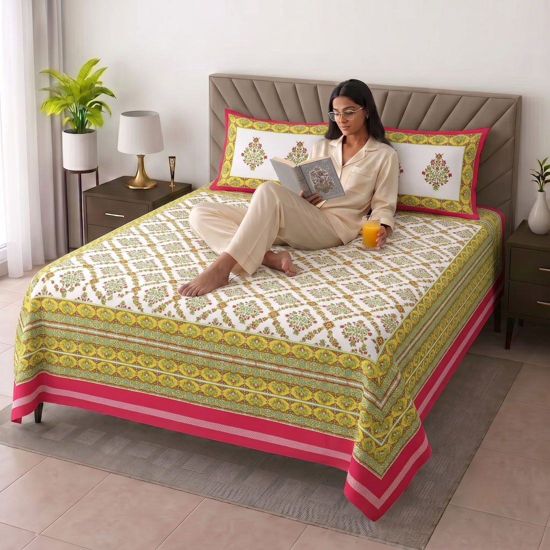 Yellowish Green Floral Jumbo Size Cotton Bedsheet with 2 Pillow Covers